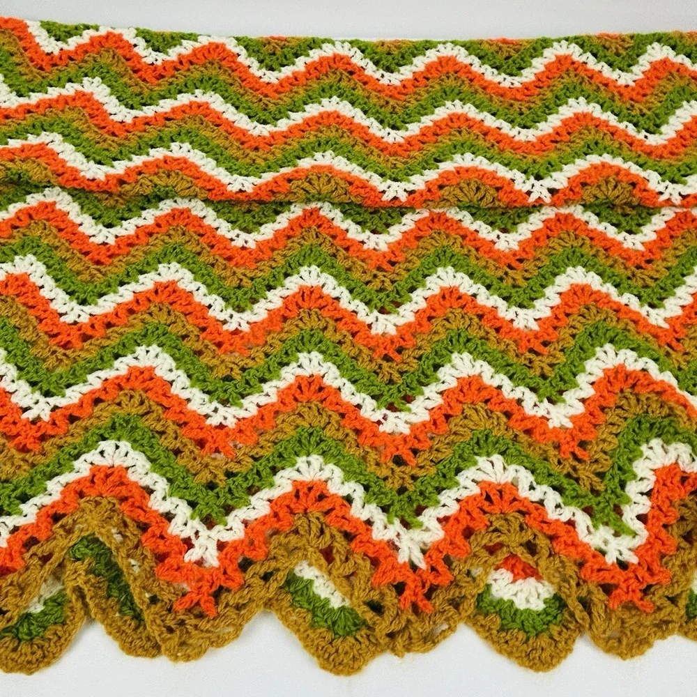 Handmade Throw Blanket Crocheted Granny Afghan Green Gold Orange White 80 x 48